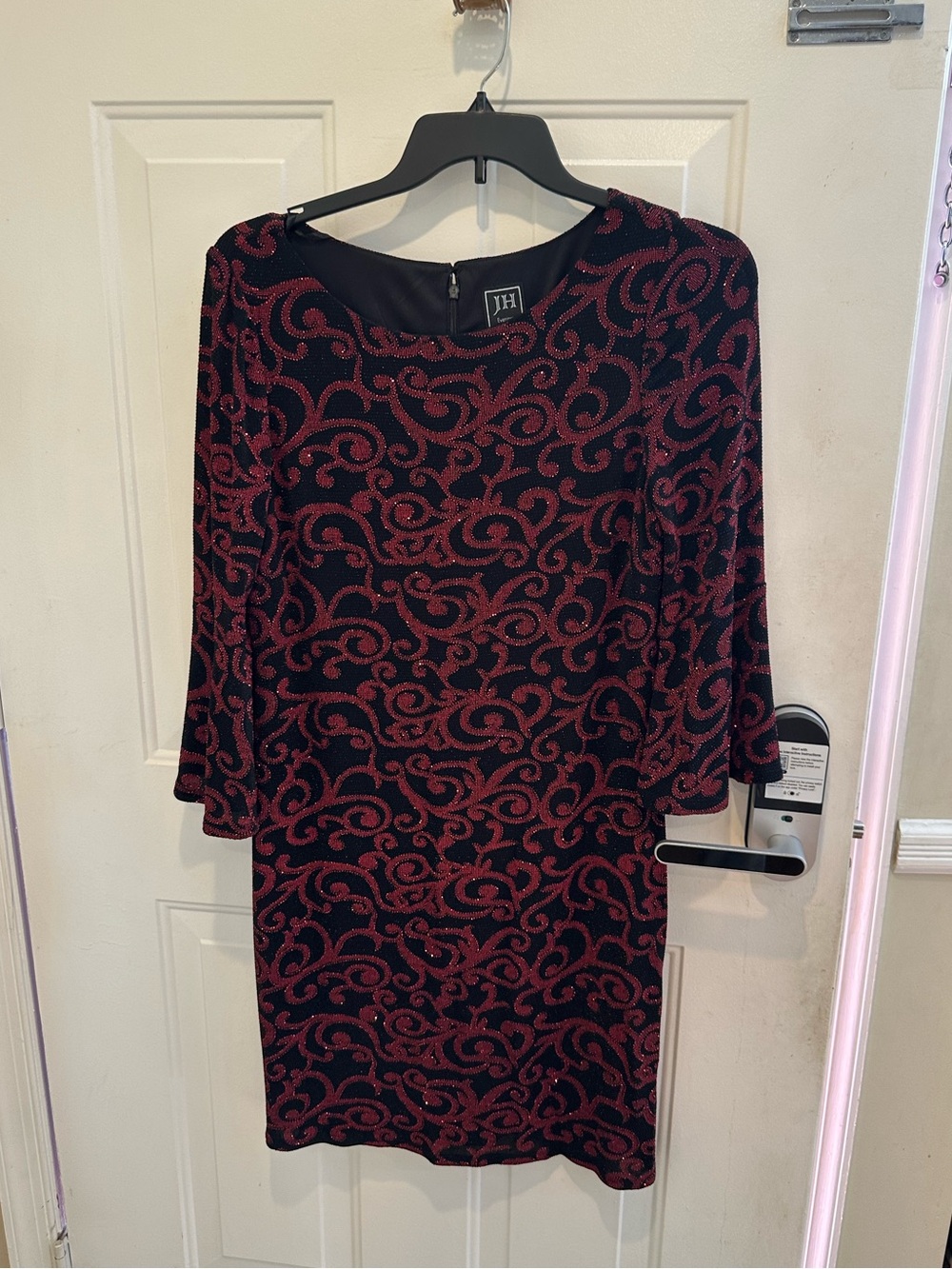 Women's Long Sleeve Black Dress with Red Scroll Pattern by JH